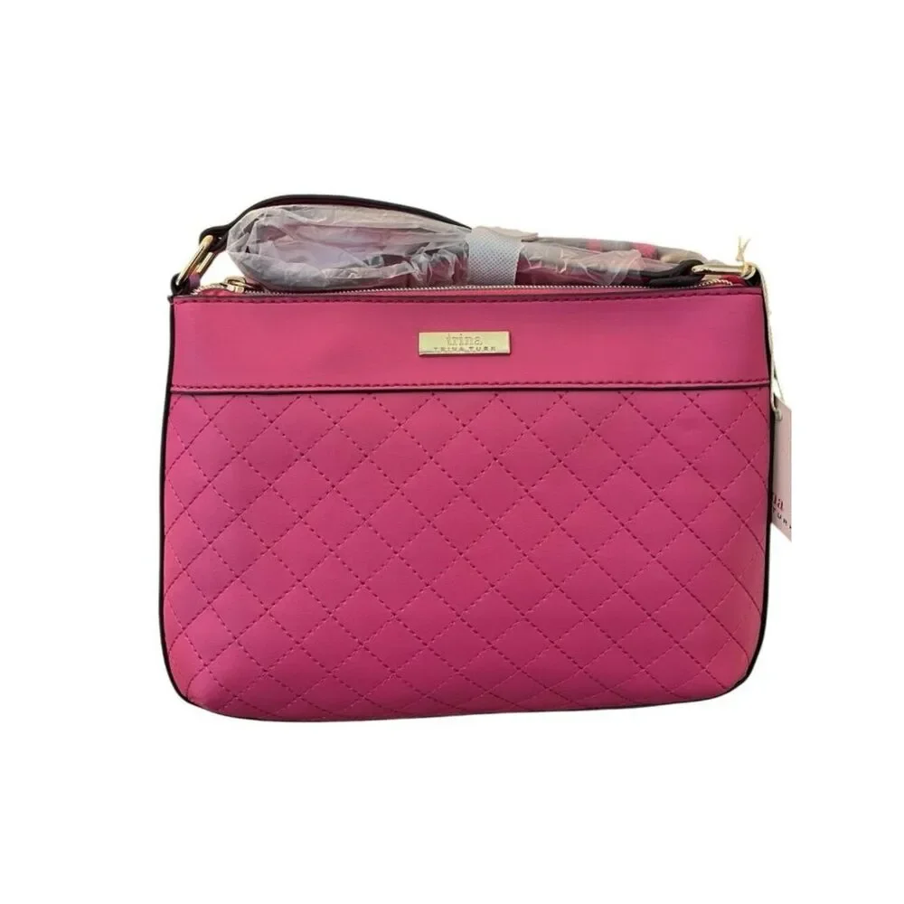 Trina Turk Pink Faux Leather Quilted Handbag Crossbody Adjustable Rectangle NWT